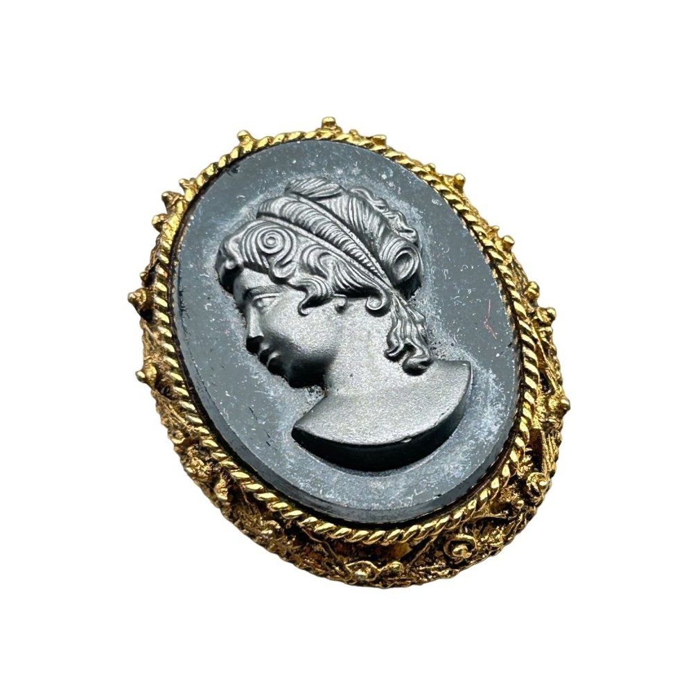 Vintage Glass Hematite Black Cameo Pin Brooch Gold Tone Lady Profile Left Facing
